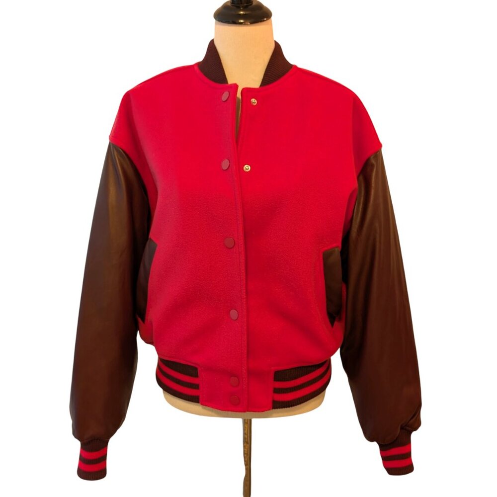 Good American Womens Size S/M Pink Brown Love Potion Snaps Varsity Bomber Jacket
